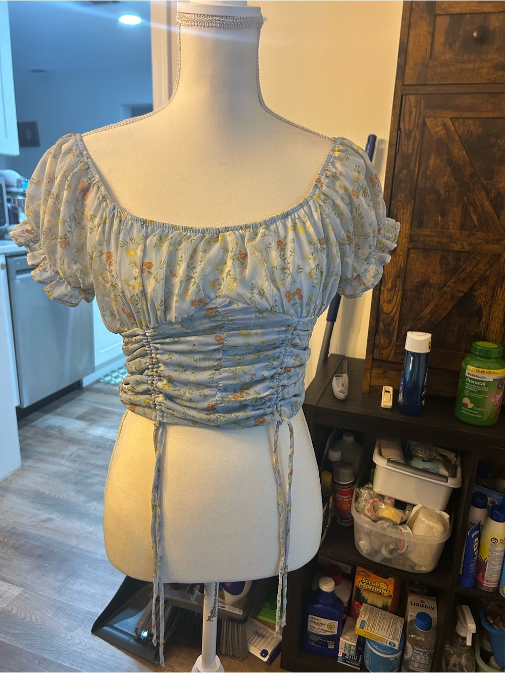 Crave Fame Light Blue Floral Ruched Crop Top